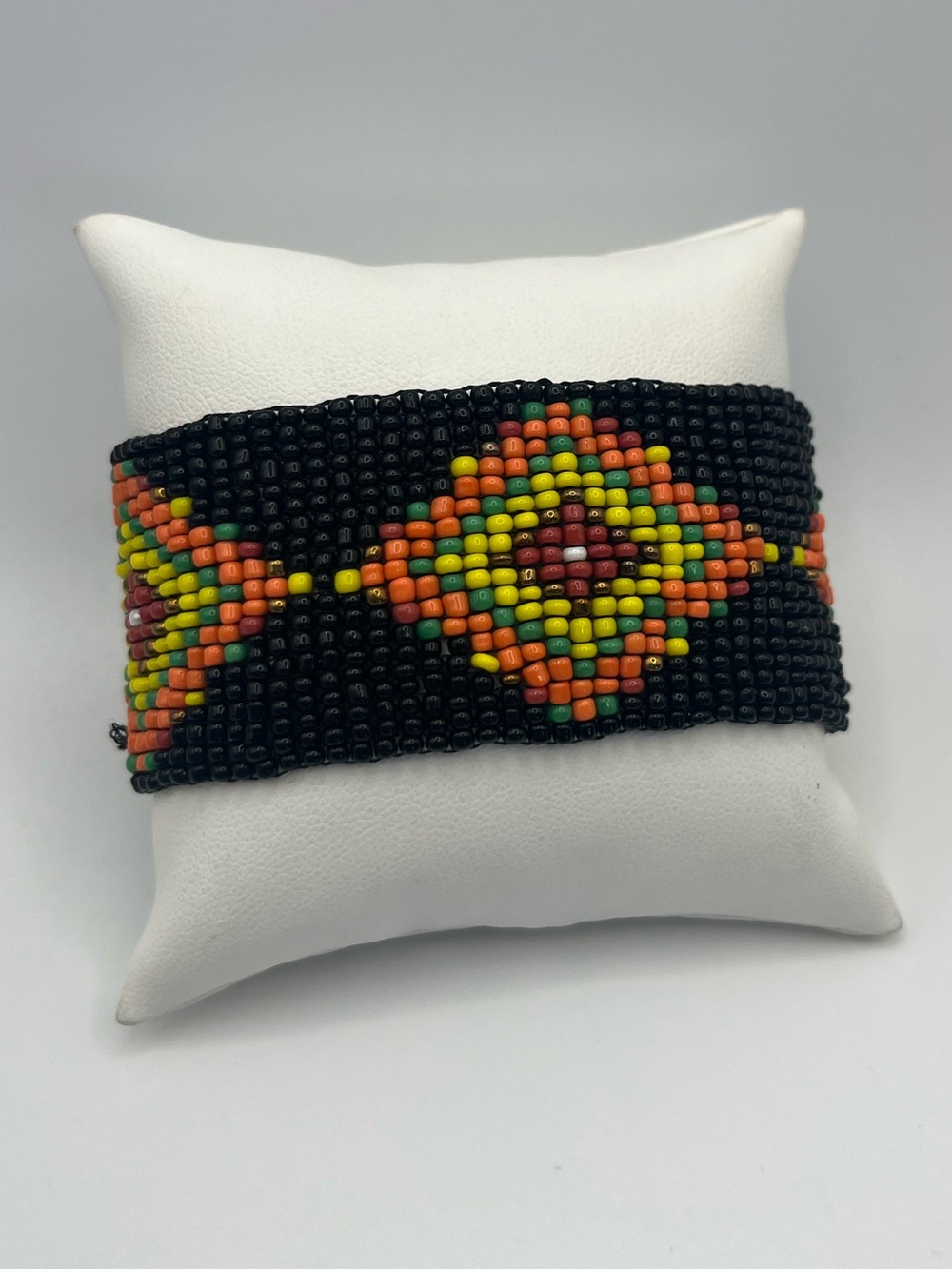 Handcrafted Black Seed Bead Cuff Bracelet with Multicolor Diamond Pattern